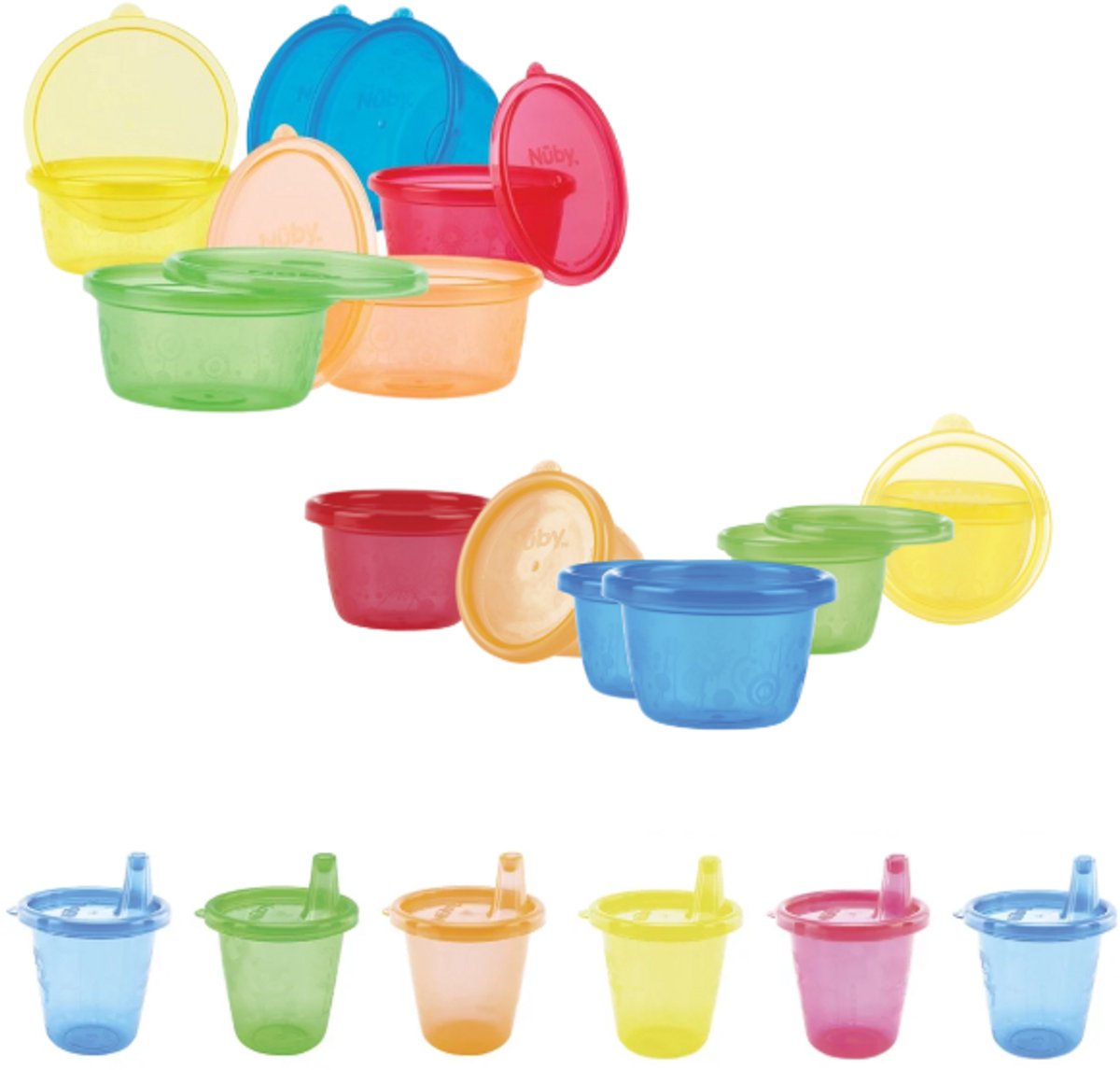 Nûby - Snack bowls & Drinking cups - set van 3 maten (120 ml, 300 ml & 210 ml) - Kleurrijk - Met deksel - 3m+