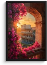 Poster in lijst - Fotolijst 40x60 cm - Posters - Colosseum - Rome - Roze Bloemen - Posterlijst zwart - Decoratie - Wanddecoratie woonkamer - Muurdecoratie slaapkamer