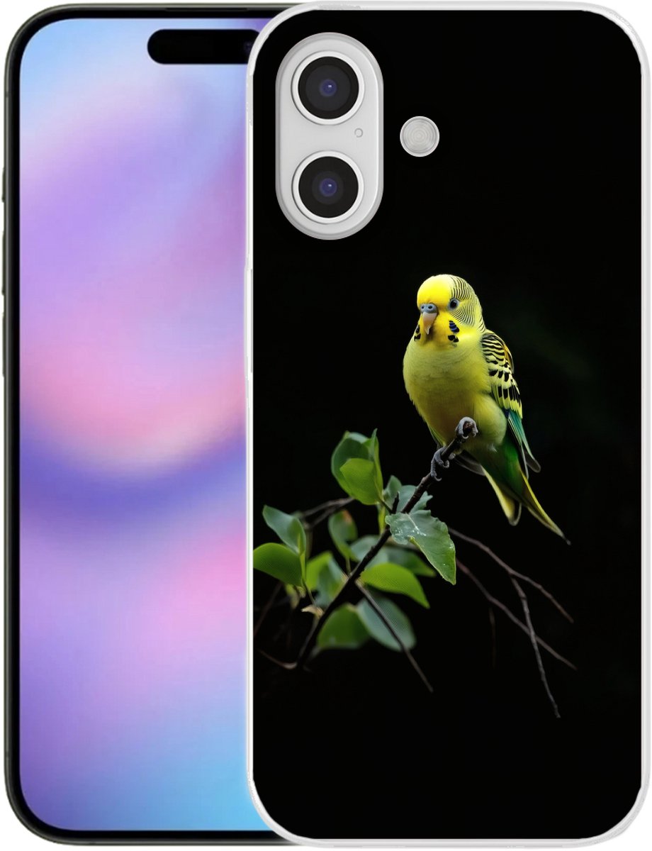 Telefoonhoesje Geschikt voor iPhone 17 hoesje - Parkiet - Tak - Bladeren - Geel - Siliconen Telefoonhoesje Telefoonhoesje