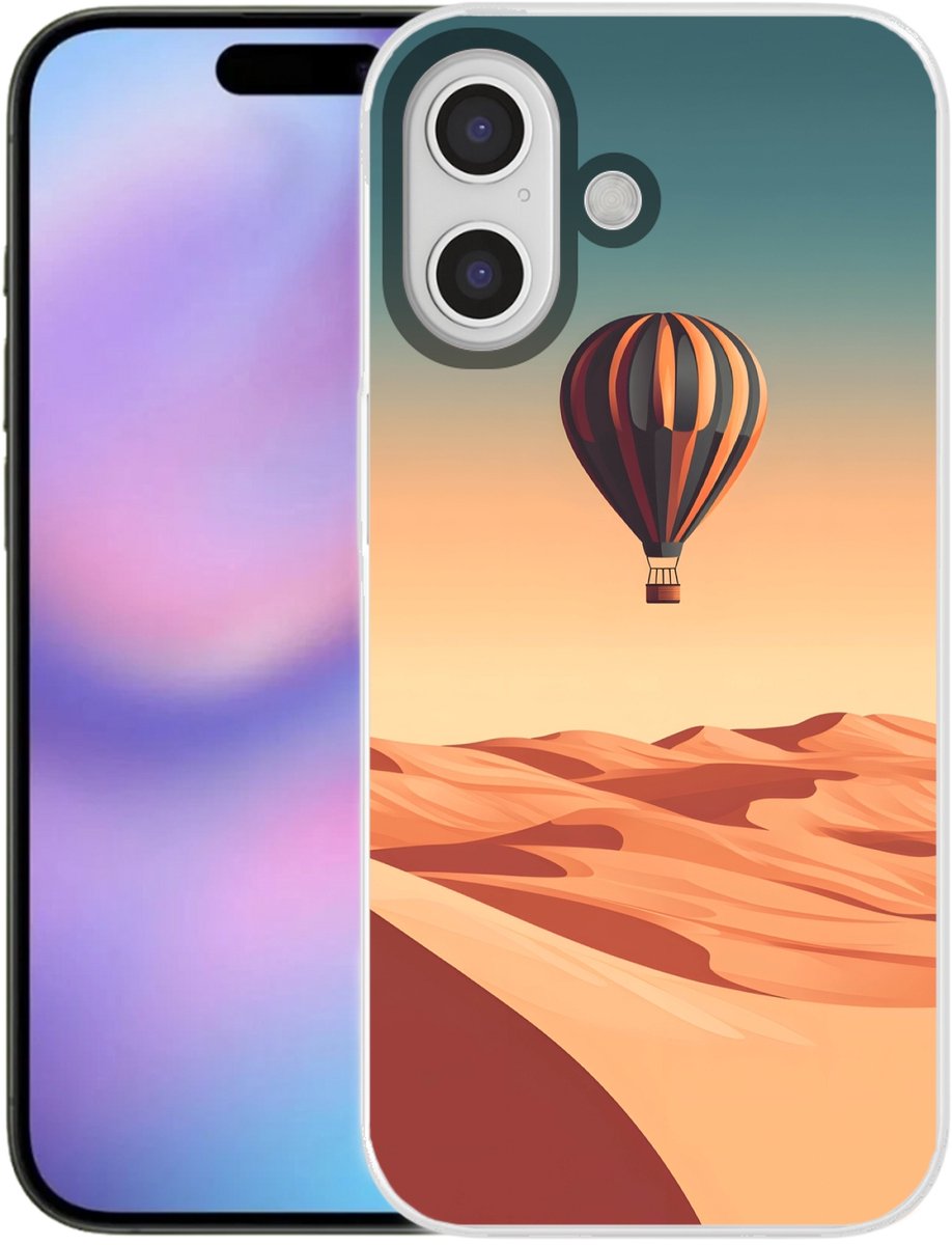Telefoonhoesje Geschikt voor iPhone 17 hoesje - Luchtballon - Woestijn - Zonsondergang - Blauw - Siliconen Telefoonhoesje Telefoonhoesje