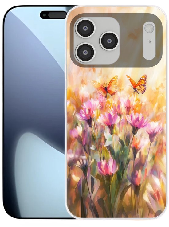 Coque iPhone avec un design pictural de fleurs roses et de papillons orange, à côté d'un iPhone 17 Pro Max.