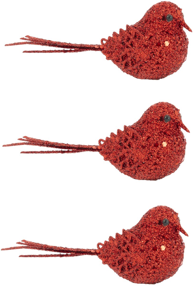 Cosy @ Home Kerstboomversiering Vogel - 8x - 12 cm - rood glitter - op clip - ornament - ster