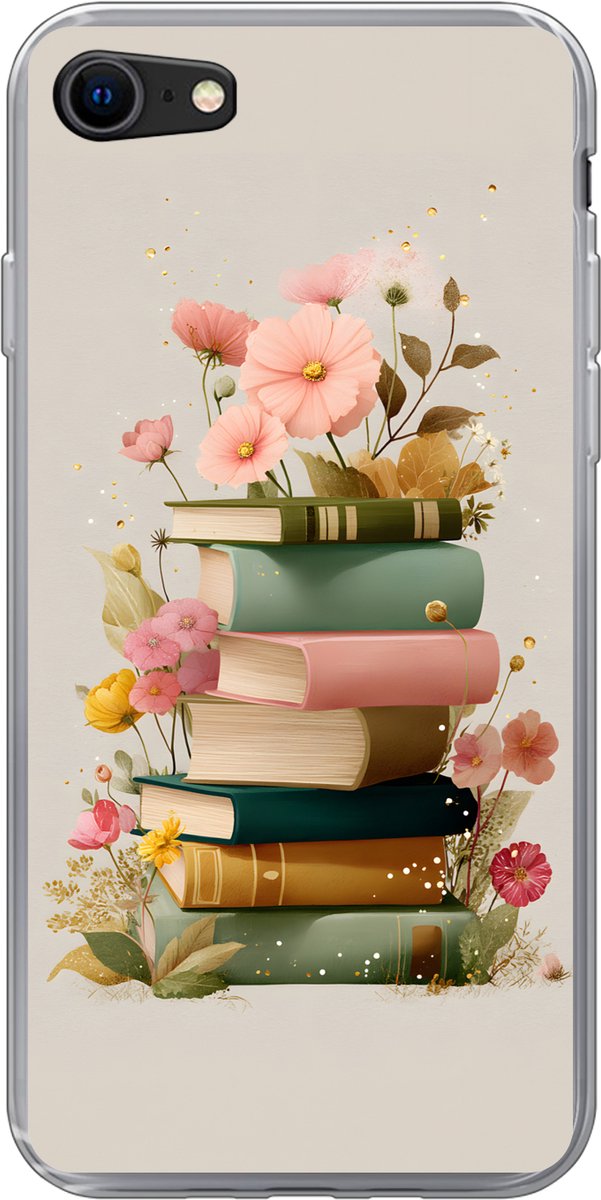 Telefoonhoesje Geschikt voor iPhone 7 hoesje - Boeken - Stapel - Bloemen - Kleurrijk - Siliconen Telefoonhoesje Telefoonhoesje