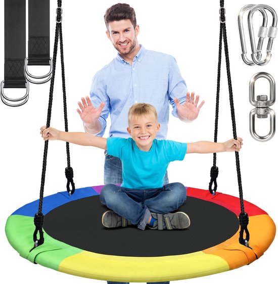 Balançoire nid SereneLife avec suspension pour arbre – Balançoire d'extérieur de 102 cm – Sangles de suspension réglables et pivot à 360° inclus – Résistante aux intempéries – Pour Enfants – Zwart