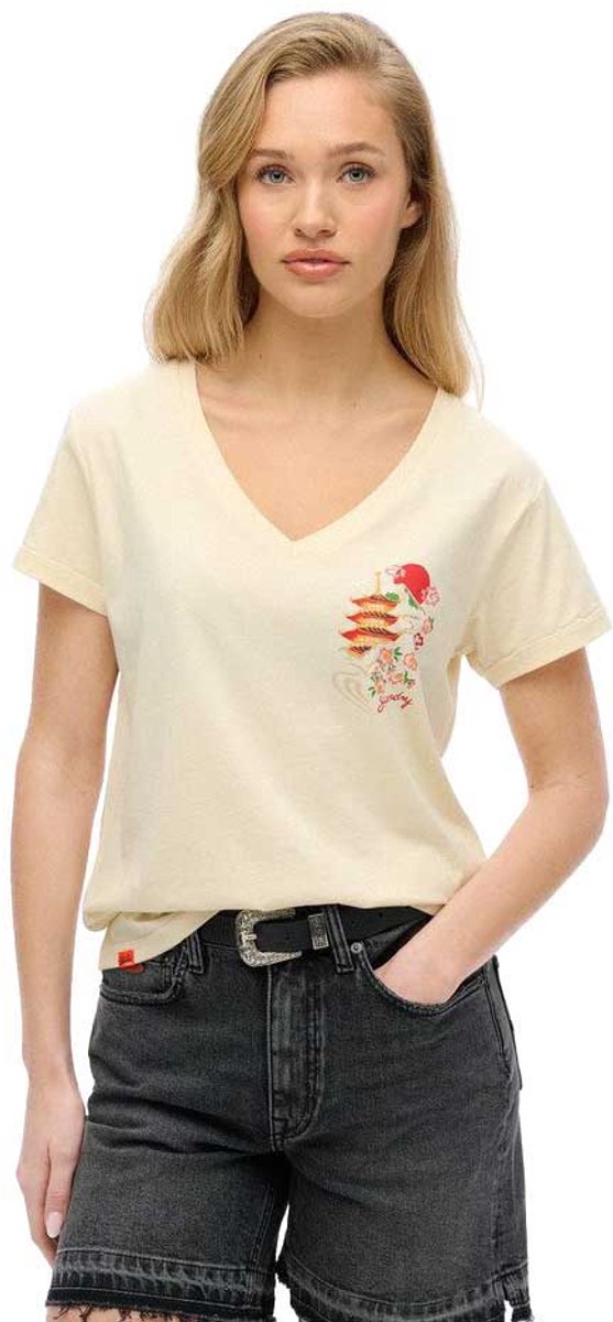 Superdry Suika metallic relaxt T-shirt met V-hals Dames T-shirts Creme