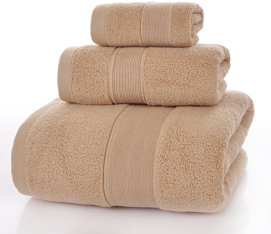 Set van 3 badhanddoeken: handdoek (34x34), washandje (35x75), badhanddoek (70x140). 100% luxe katoen, ultrazacht, hotelkwaliteit, zeer absorberend, geschikt voor badkamer, douche, strand en dagelijks gebruik (bruin).