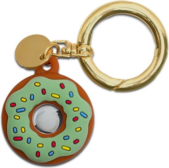 Donut sleutelhanger met groene glazuur en gekleurde sprinkles, met gouden ring.