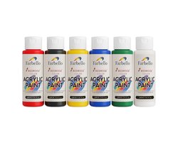Farbello Acrylverf Set- 6 kleuren*120 ml., Sterk gepigmenteerde, Niet giftige verf op waterbasis, voor canvas, hout, steen, papier en metaal.
