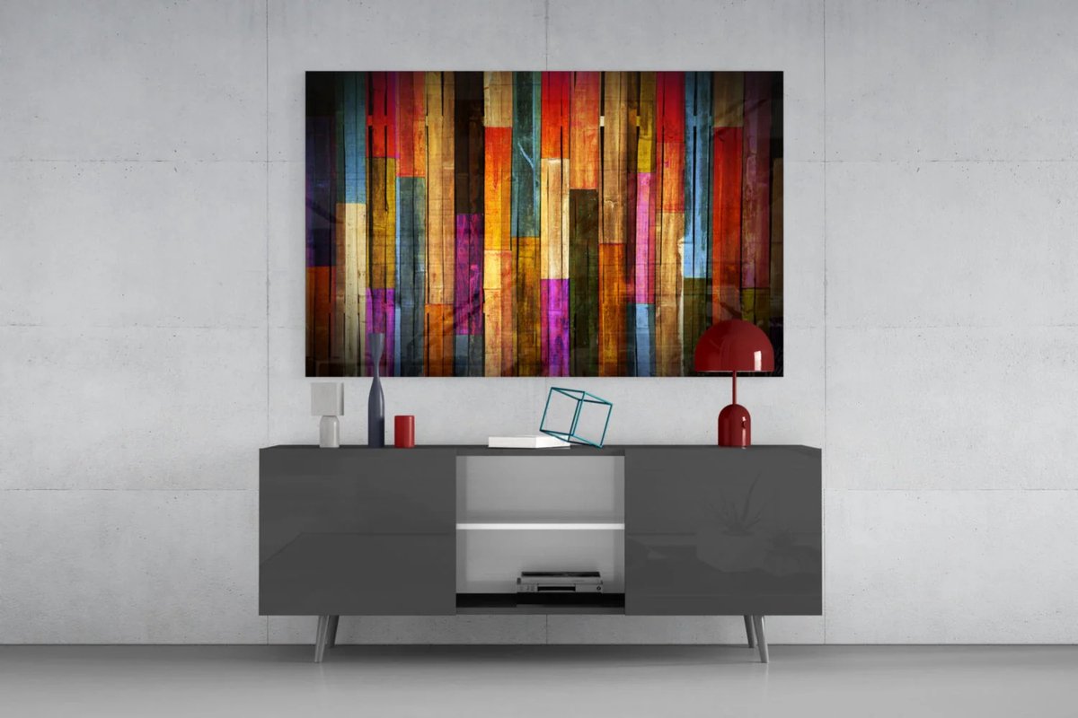 Insigne Art Insigne Glazen Schilderijen - Gekleurde hout - Abstract Glasschilderij - 140x90 cm Kleurrijk