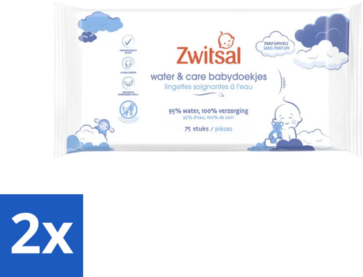 Image of 2 x Zwitsal 0% Parfum - Babyverzorging - Babydoekjes Water & Care - 75 Doekjes - Babydoekjes - Zwitsal - Waterdoekjes - Babyhuid - Luieruitslag