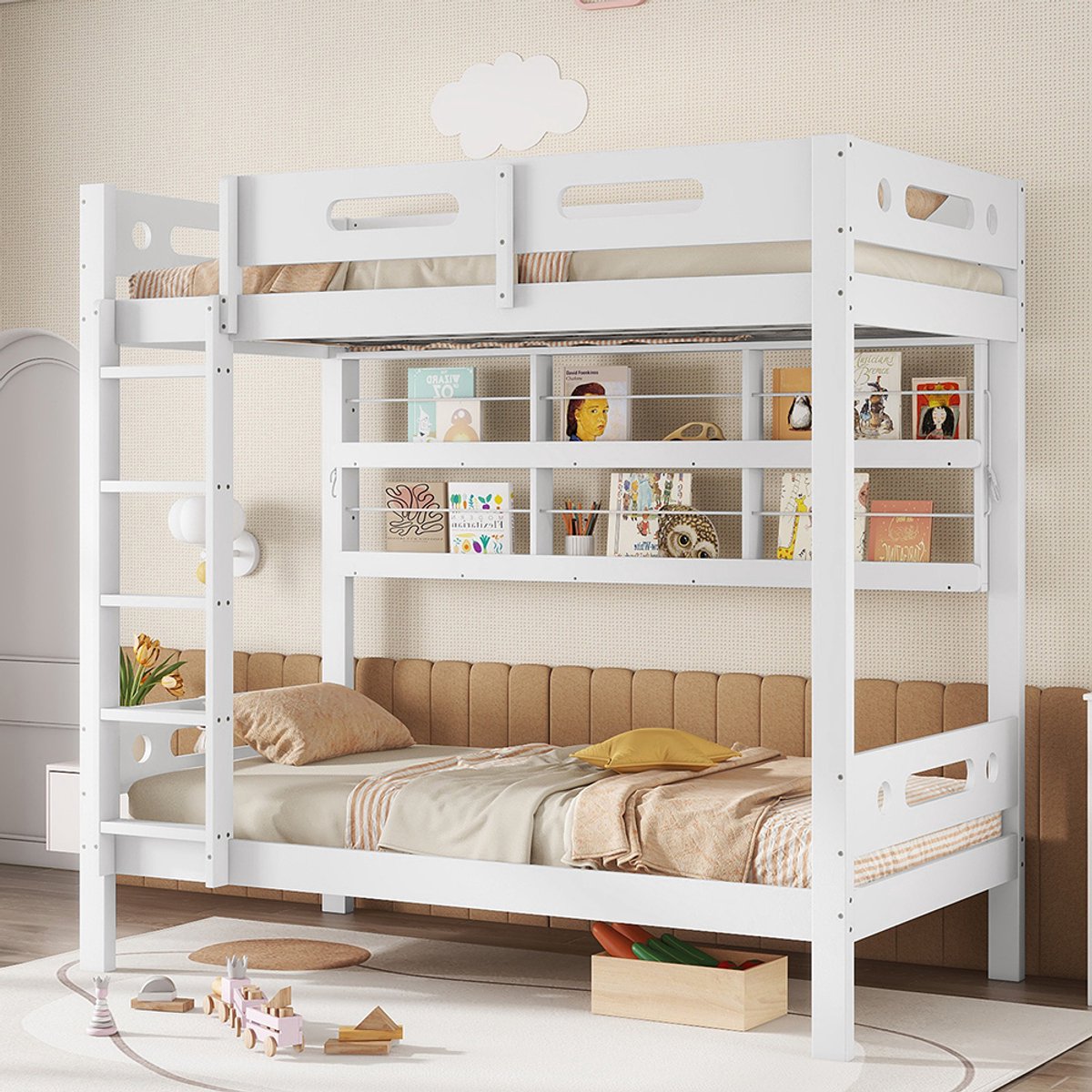BLACKCOLORS Stapelbed, kinderbed met veiligheidshek, open plank, ladder met vijf treden, grote opbergruimte, grenen + MDF, wit, 90 x 200 cm