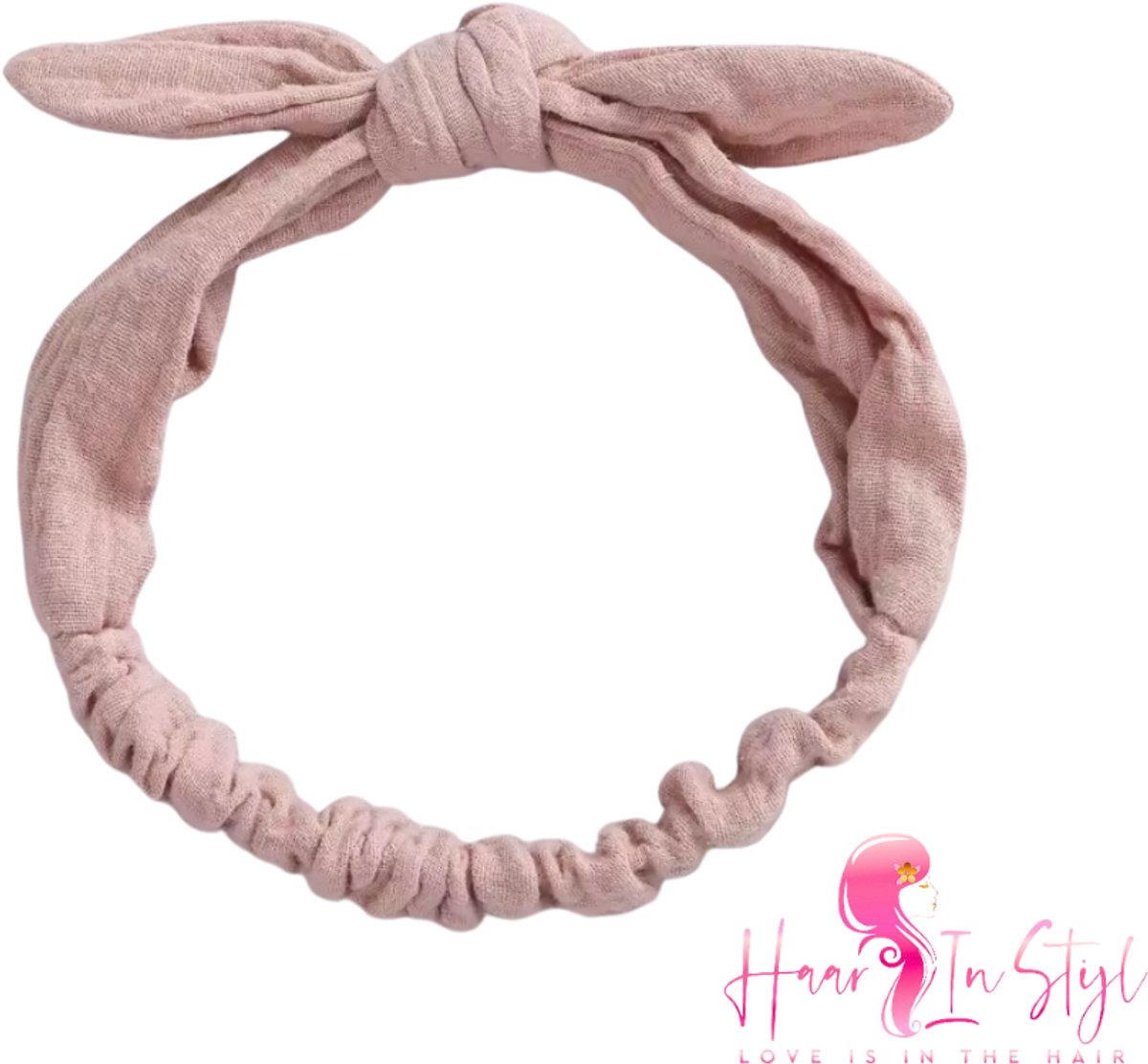 Haarband Hafsa Poederroze - Smalle en zachte baby haarband van hydrofiele stof met een strikje | haaraccessoires voor meisjes kinderen babies