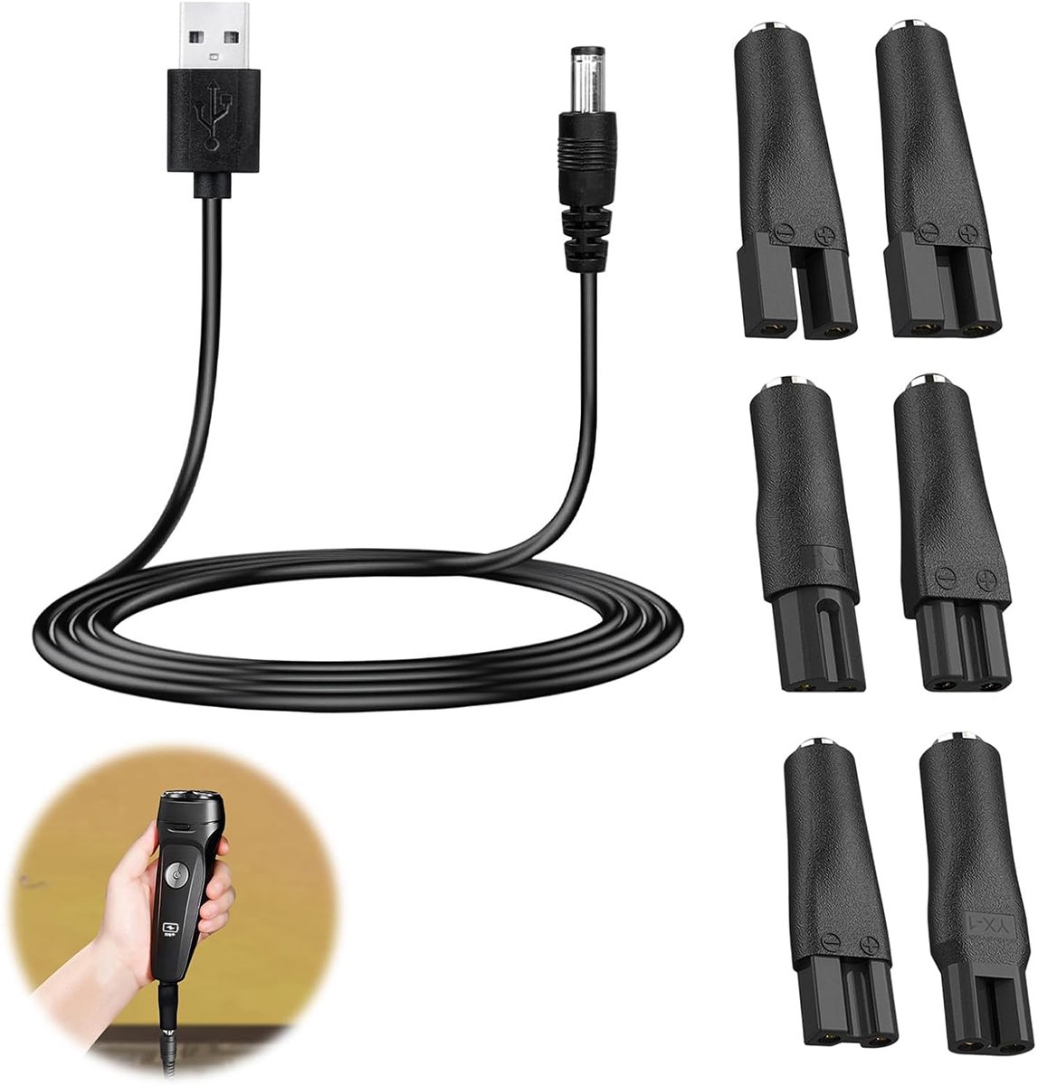 USB 5v-Stroomadapter - Met 6 Adapterpunten - Voedingskabel - 1m - Voeding - Adapter Kabel - Universeel - Scheerapparaatlader - Geschikt Voor Elektrische Tondeuses, Scheerapparaten, Reinigingsapparatuur, Ontharingsapparatuur, Tondeuses Voor Huisdieren — afbeelding 2