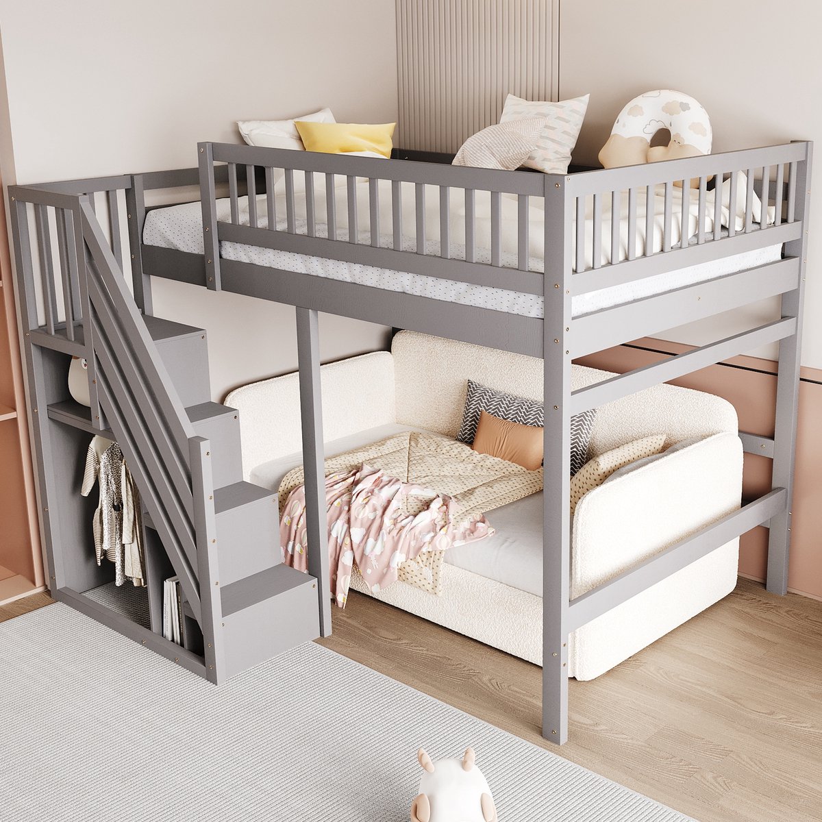 Sweiko Hoogslaper - 140 x 200 cm - Met opbergruimte - Houten kinderbed - Grijs (Zonder bank)