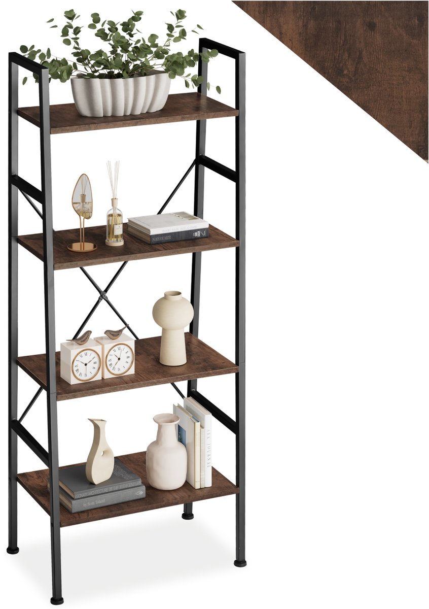 tectake® Wandkast met 4 niveaus - Houten boekenkast met 4 planken - Industrieel design - Voor woonkamer, keuken, kantoor - Zwart metalen frame - Afmeting (LxBxH) 57,5 x 35,5 x 139 cm - Donkerbruin