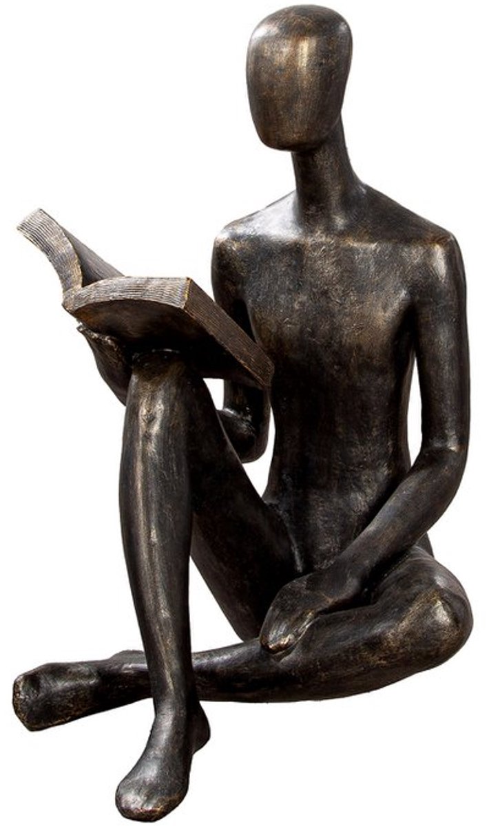 Decoratie beeld sculptuur persoon die boek leest bronskleurig H 80cm B59cm Kunsthars Binnen en Buiten