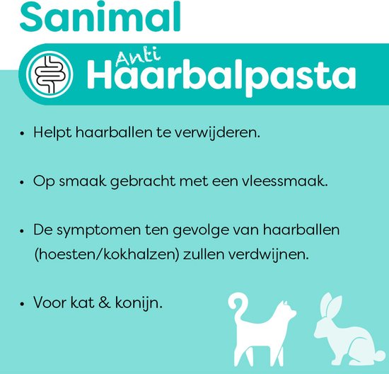Sanimal Anti-Haarbalpasta: Helpt haarballen te verwijderen, op smaak gebracht met vleessmaak, voor kat en konijn.