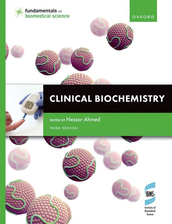 Boekomslag van 'Clinical Biochemistry', derde editie, met abstracte roze en paarse moleculen op de voorgrond en achtergrond. In het midden staat een persoon die een bloedsuikermeter gebruikt.