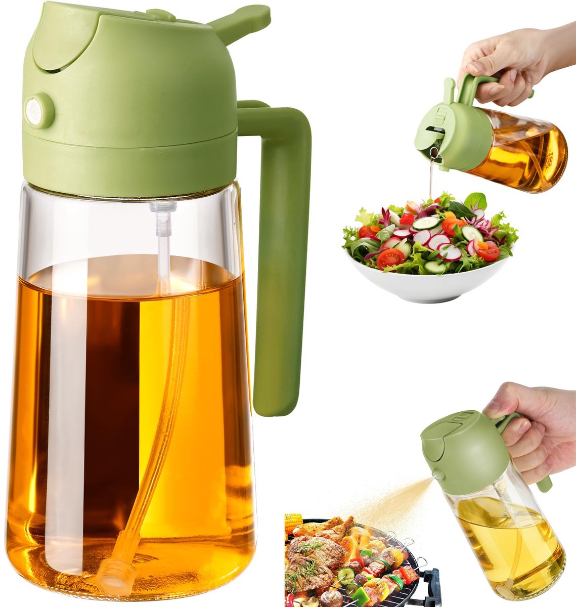 Olieverstuiver - Olieschenker - Olieschenker en sproeier 2 in 1 - Handig - Handmatig openen en sluiten van de schenktuit - Fijne oliespray - Gemakkelijk mee te nemen - Geschikt voor keuken, airfryer, koken, salade, barbecue - Groen