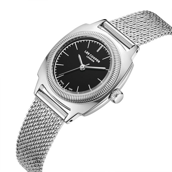 Lee Cooper 360 - Montre - Montre-bracelet - Analogique - Femme - Bracelet en acier milanais - Métal - Carré - Rond - Rayures - Argenté - Zwart - Wit