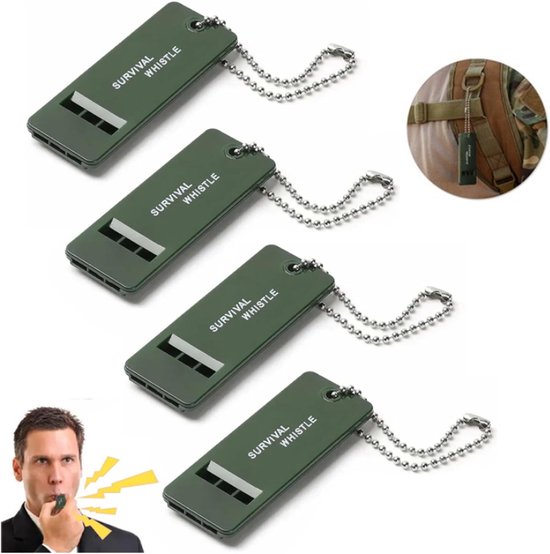 Vier groene survivalfluitjes met sleutelkoord, met close-up van een man die een fluitje gebruikt.