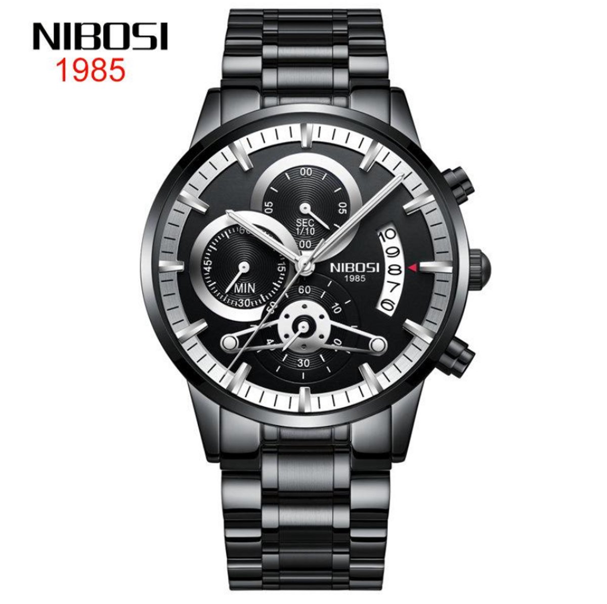 NIBOSI Horloge 2309 - Zwart-Zilverkleurig - Heren - Quartz - Chronograaf - Stalen Band - Stoer en Stijlvol