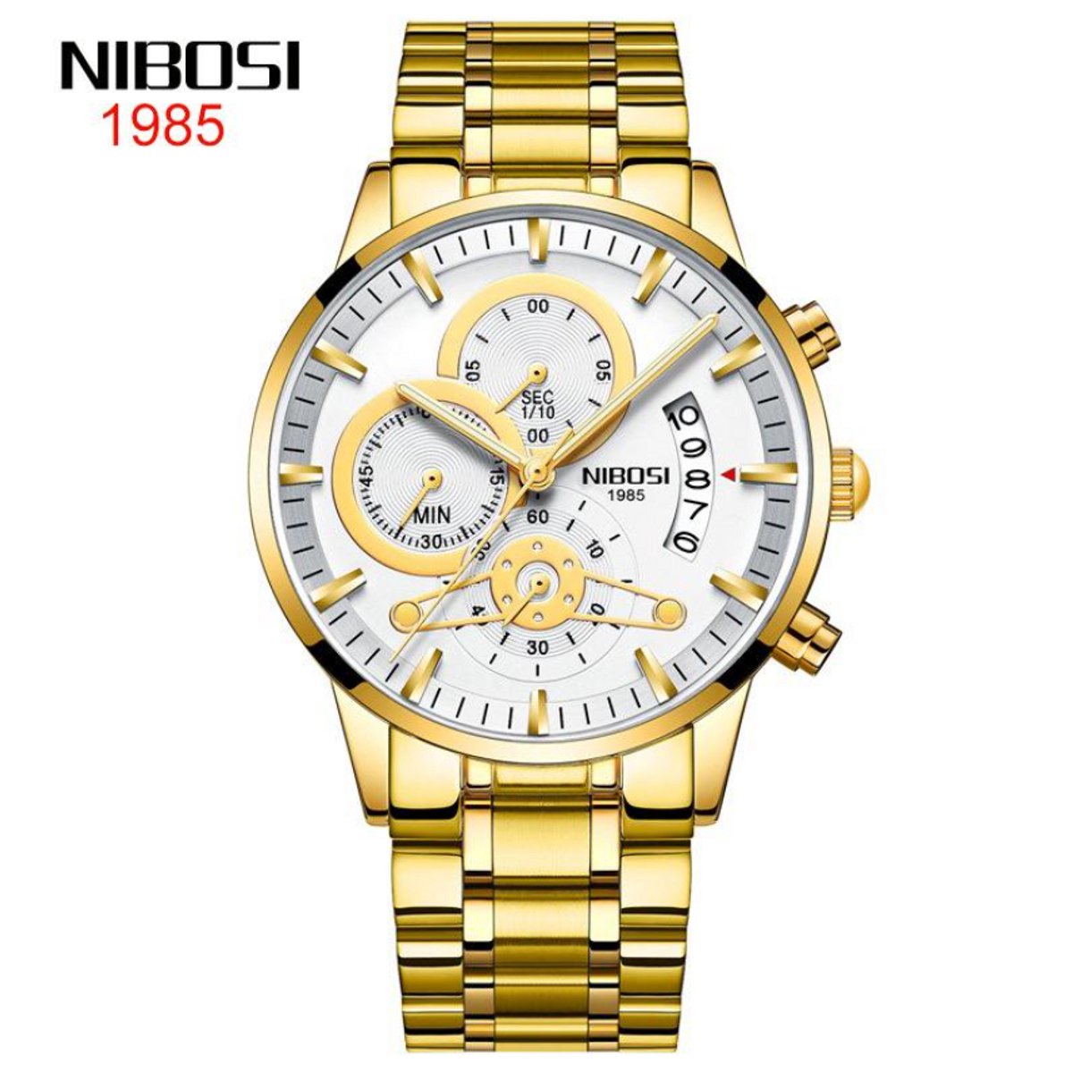 NIBOSI Horloge 2309 - Goudkleurig-Wit - Heren - Quartz - Chronograaf - Stalen Band - Luxe en Opvallend