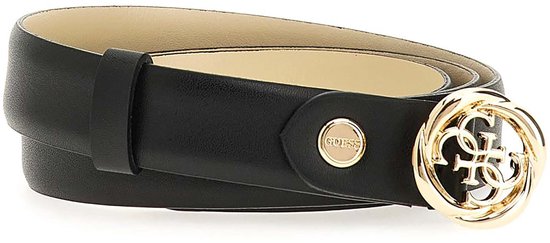 Zwarte riem met een gouden Guess-logo gesp. De binnenkant is beige.