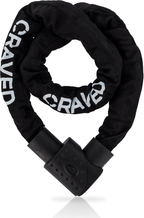 Gevouwen zwarte ketting met witte 'CRAVED' letters.