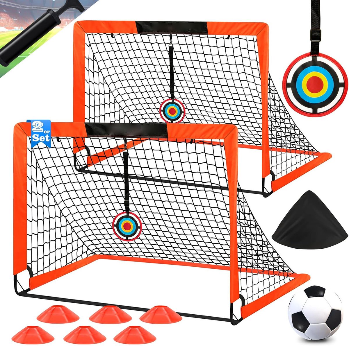 Voetbaldoelen Set voor Kinderen - Pop Up Voetbaldoel 2 Stuks - Inclusief Voetbal, Pomp, 6 Trainingskegels, 8 U-Grondnagels en Draagtas - Tuin Voetbaldoeltjes - Mini Doel Set voor Buiten Spel