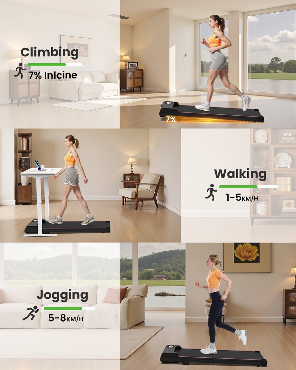 Afbeelding 3 van Loopband met 7% helling - 3-in-1 loopband bis 130 kg - 1-8 km/u instelbaar - Oppervlak 38,5 x 90 cm - Zwart