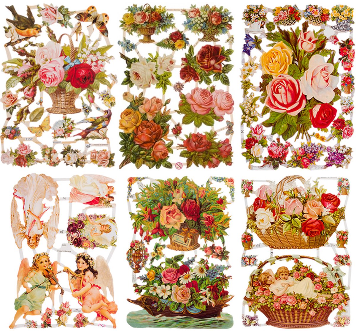 Poëzieplaatjes - 6 vellen - plaatjes - hobby - creatief - decoupage - knutselen - scrapboek - met ENGELEN - ROZEN
