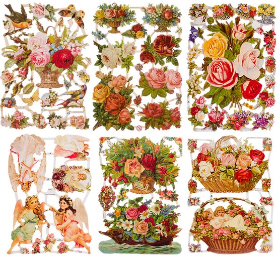 Sticker vel met diverse rozen, engelen, vogels en vlinders in vintage stijl.