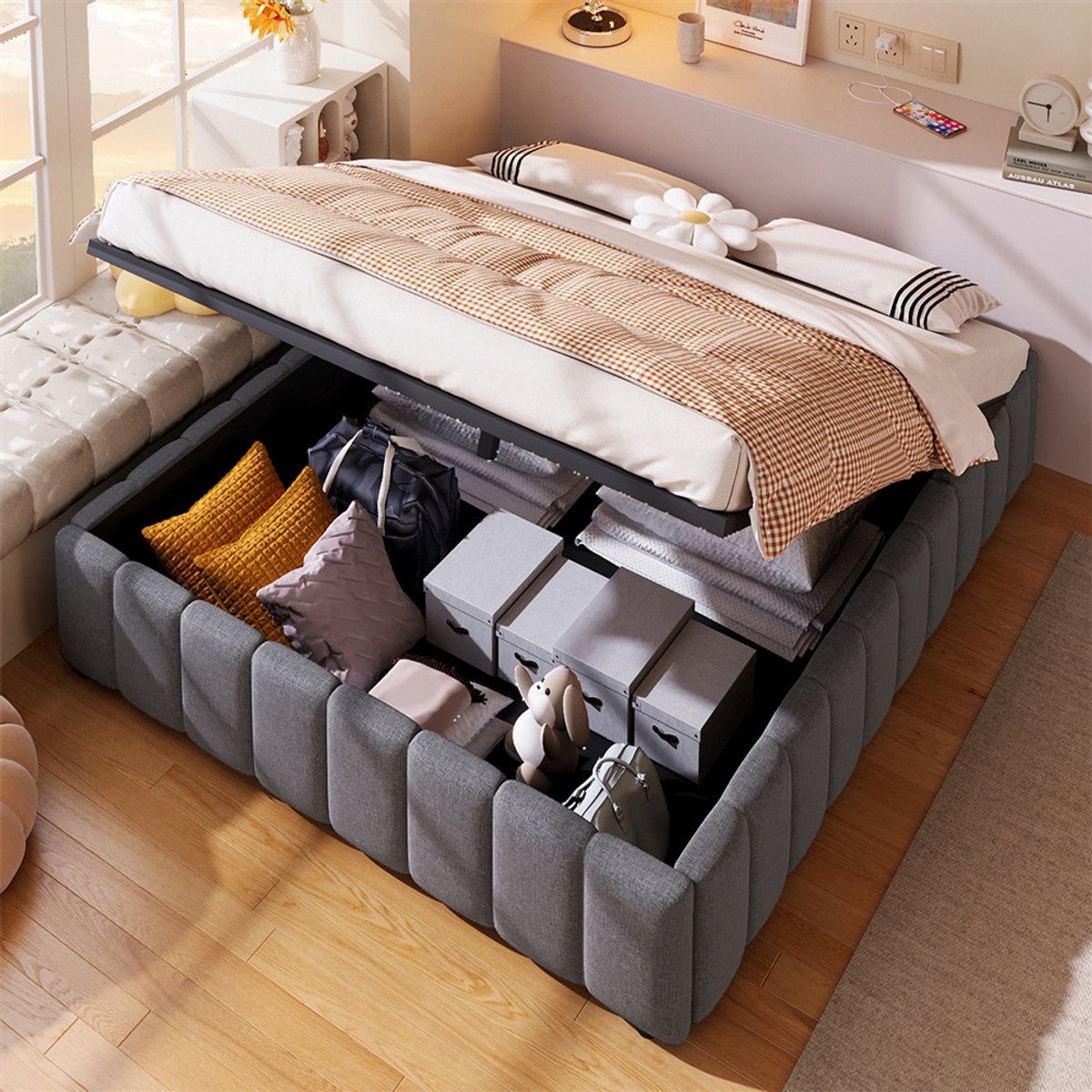 YEHTOKHOME Gestoffeerd bed 140x200 cm - Tweepersoonsbed met hydraulische opbergruimte - Lattenbodem - zonder hoofdeinde - zonder matras - grijs linnen