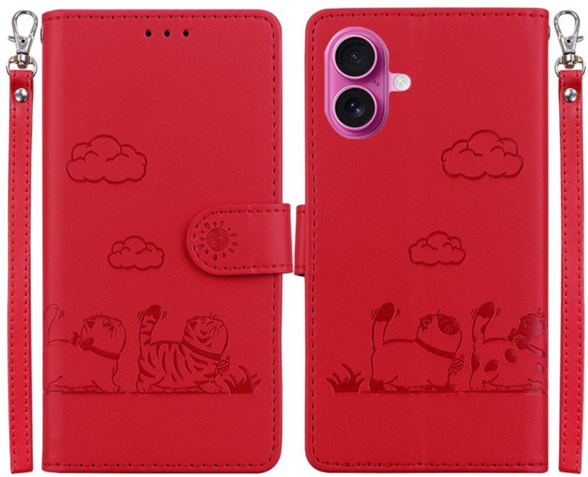 BookCover Hoes Etui geschikt voor iPhone 17 - Rood - Cartoon Cats - Kat - Reliëf