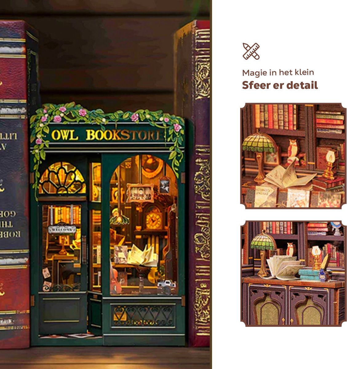 CuteBee Book Nook - Modelbouw - Houten 3D Puzzel - DIY Bouwpakket Volwassenen en Volwassenen - Boekensteun - Boekenhouder - Owl Bookstore — afbeelding 17