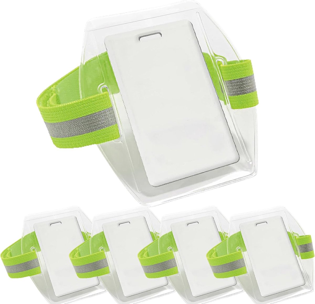 5 stuks groente ID-badgehouder voor op de arm waterdichte, badgehouder voor op de arm, armband, ID-kaart, polsbandje, hoge zichtbaarheid, PVC-identiteitsclip met reflecterende streep, verstelbare band voor skipas - Cyslmuk®