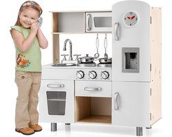 COSTWAY Kinderkeuken met accessoires, speelkeuken met licht en geluid, houten keuken incl. telefoon fornuis koelkast magnetron, kinderkeuken met afneembare spoelbak, speelgoedkeuken voor kinderen
