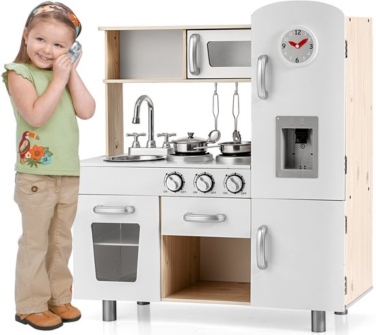 COSTWAY Kinderkeuken met accessoires, speelkeuken met licht en geluid, houten keuken incl. telefoon fornuis koelkast magnetron, kinderkeuken met afneembare spoelbak, speelgoedkeuken voor kinderen