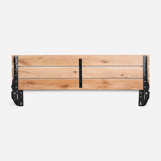 Opklapbare houten gevelbank met vier planken en zwart metalen frame, bovenaanzicht.