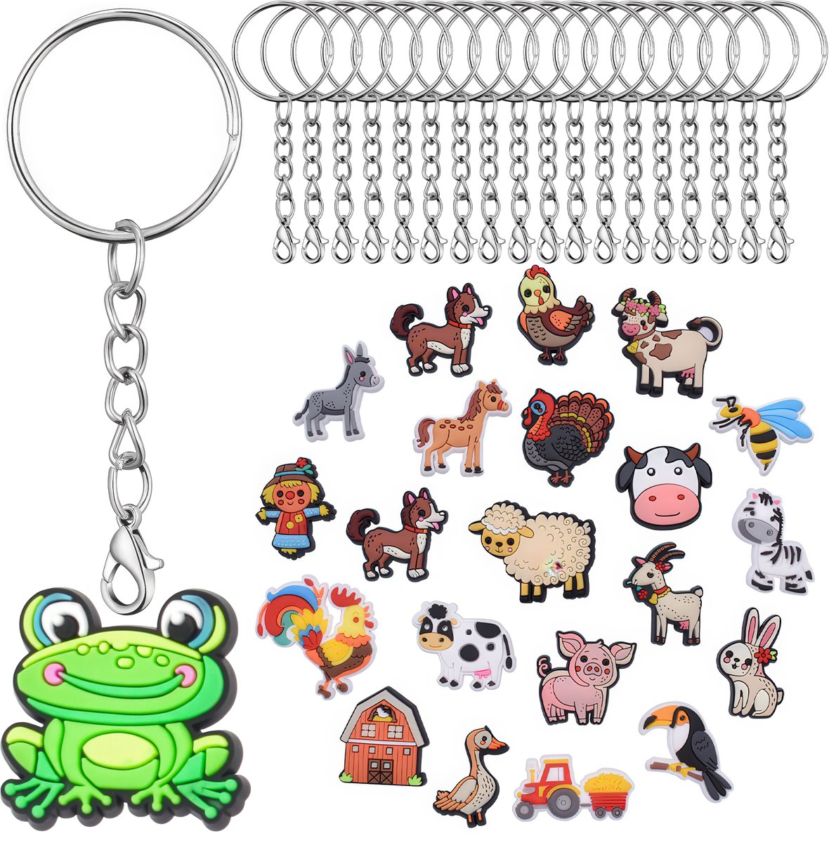 30x Sleutelhangers met 22 Dieren Farm Charms - Sleutel Hangers Knutselpakket Set - Speelgoed Sleutelringen - Karabijnhaak Keyrings Sieraden Maken - Trakteren Keychain Fidget Toy - Grabbelton Uitdeelcadeaus Traktatie voor Meisjes, Jongens & Kinderen