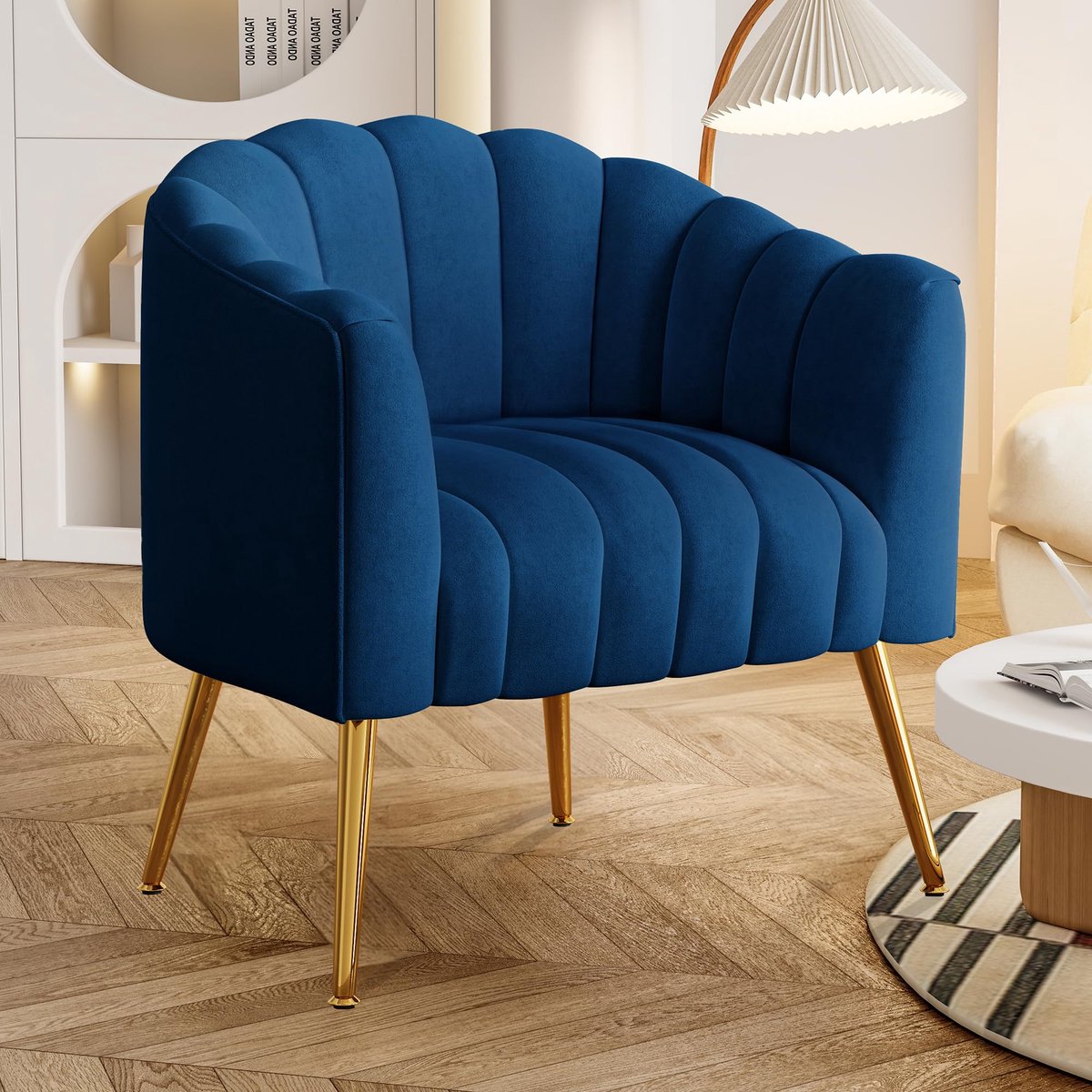 SEYNAR Luxe Pumpkin Fauteuil - 71x69x69 cm - Enkelstoel met Metalen Poten - Fluweel - Marineblauw