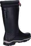 Zwarte Dunlop regenlaars met gepolsterde boord en trekkoord. Textuurdetails op de schacht en zool.