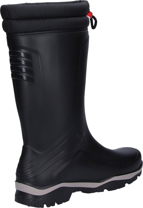 Zwarte Dunlop regenlaars met gepolsterde boord en trekkoord. Textuurdetails op de schacht en zool.