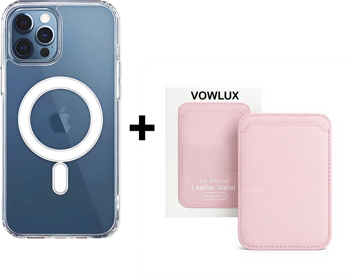 VOWLUX Compatible MagSafe Hoesje voor iPhone 14 Pro Transparant – Inclusief Roze Wallet Pasjeshouder – 24 Magneten – Kunstleer – 3 Kaarten – Shockproof Case