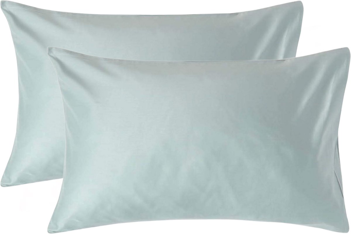 Homescapes Biologisch Kussensloop 50x75 cm – Set van 2 – Eendenei Blauw – 100% Egyptisch Katoen Satijn – Draaddichtheid 400