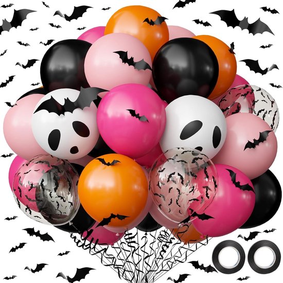 Un bouquet de ballons d'Halloween roses, noirs, oranges et blancs avec des imprimés fantôme et chauve-souris, avec un rouleau de ruban adhésif.