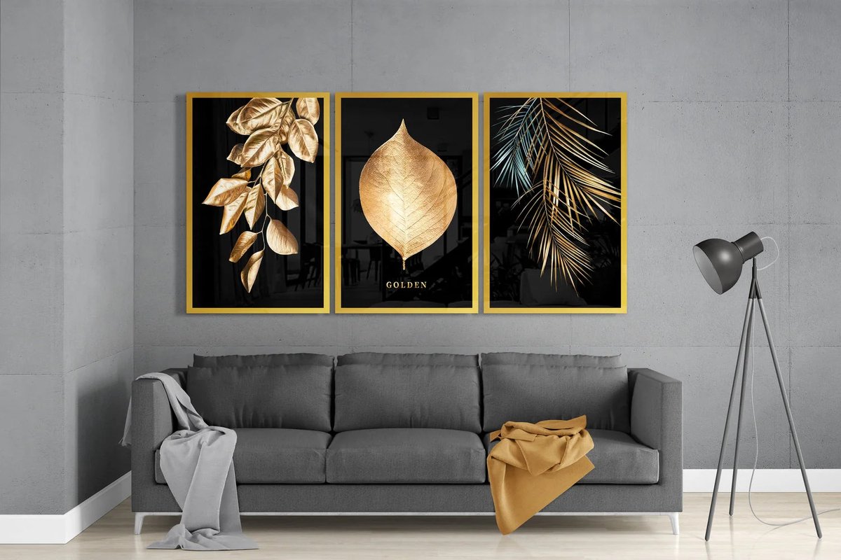Insigne Art Drieluik Glasschilderij - Gouden Bladeren - Moderne Wanddecoratie - 3x110x70 cm