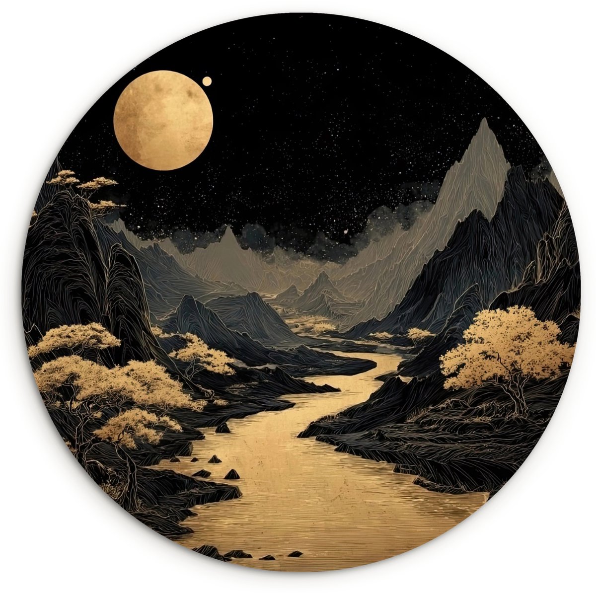 WallCircle Wandcirkel 120x120 cm - Muurcirkel Gouden rivier - Bergen - Maan - Sterrenhemel - Muurdecoratie woonkamer - Wanddecoratie slaapkamer - Kamer decoratie accessoires - Ronde schilderijen