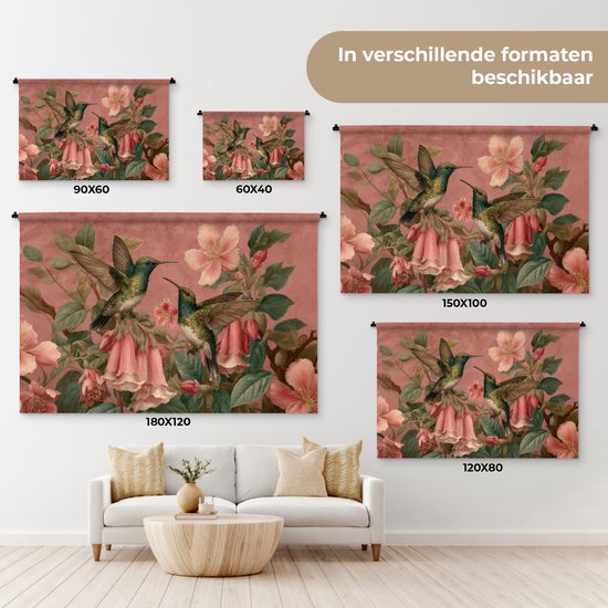 Wandkleed met roze achtergrond, afbeelding van kolibries tussen bloemen.